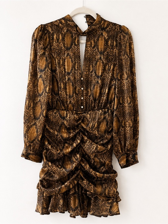 Zara Dresses & Skirts - Zara Brown Snake-Print Ruched Long-Sleeve Mini Dress